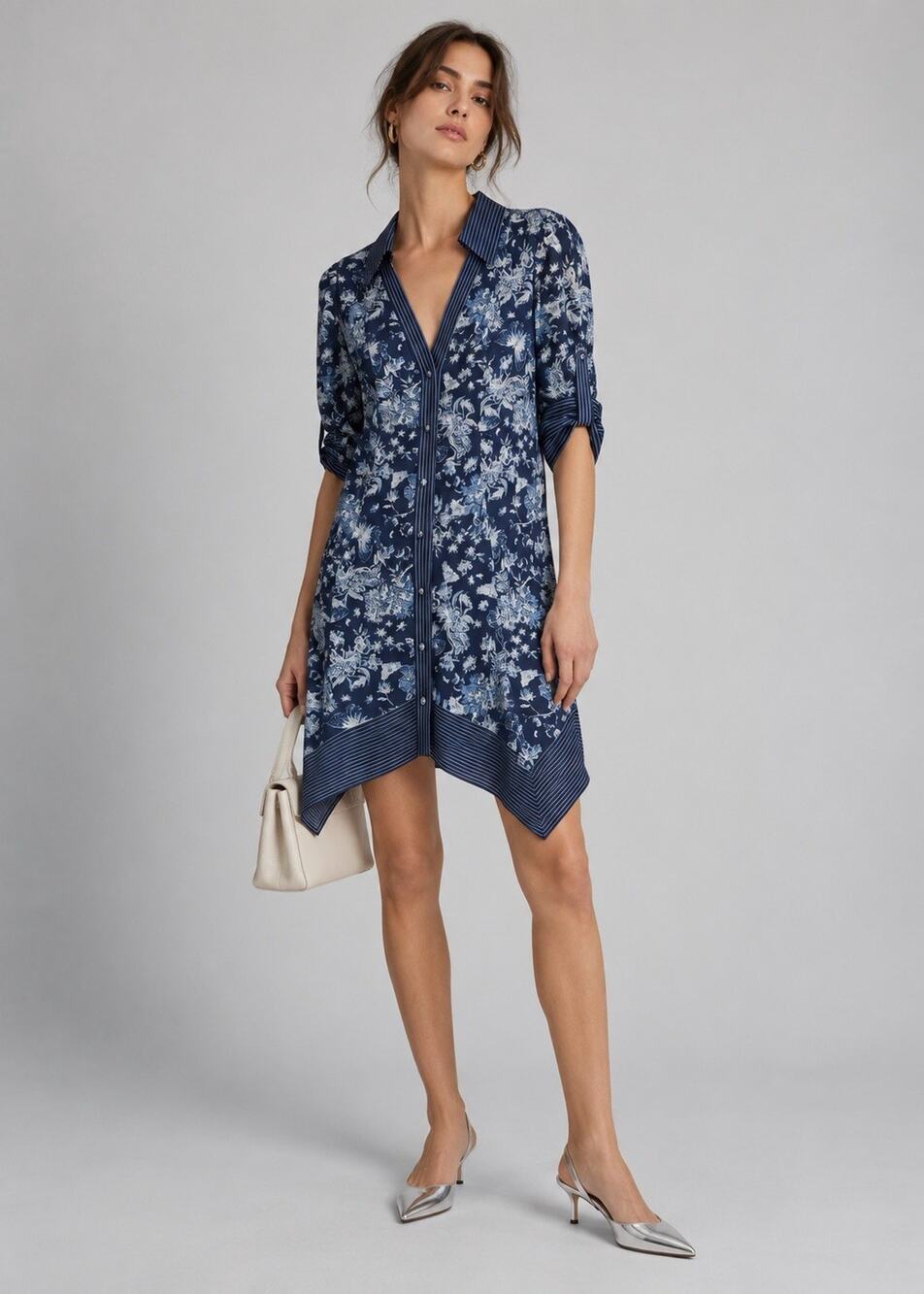 Alice Olivia Conner Shirtdress M Navy Floral Handkerchief Hem Roll Sleeve Dress